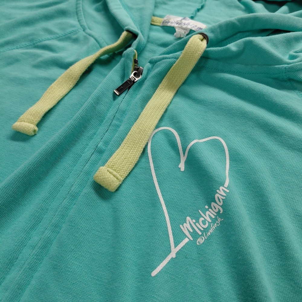 LIVNFRESH Auqa Green Heart Michigan Full Zip Lightweight Hoodie Sweatshirt Sz M - Picture 2 of 8